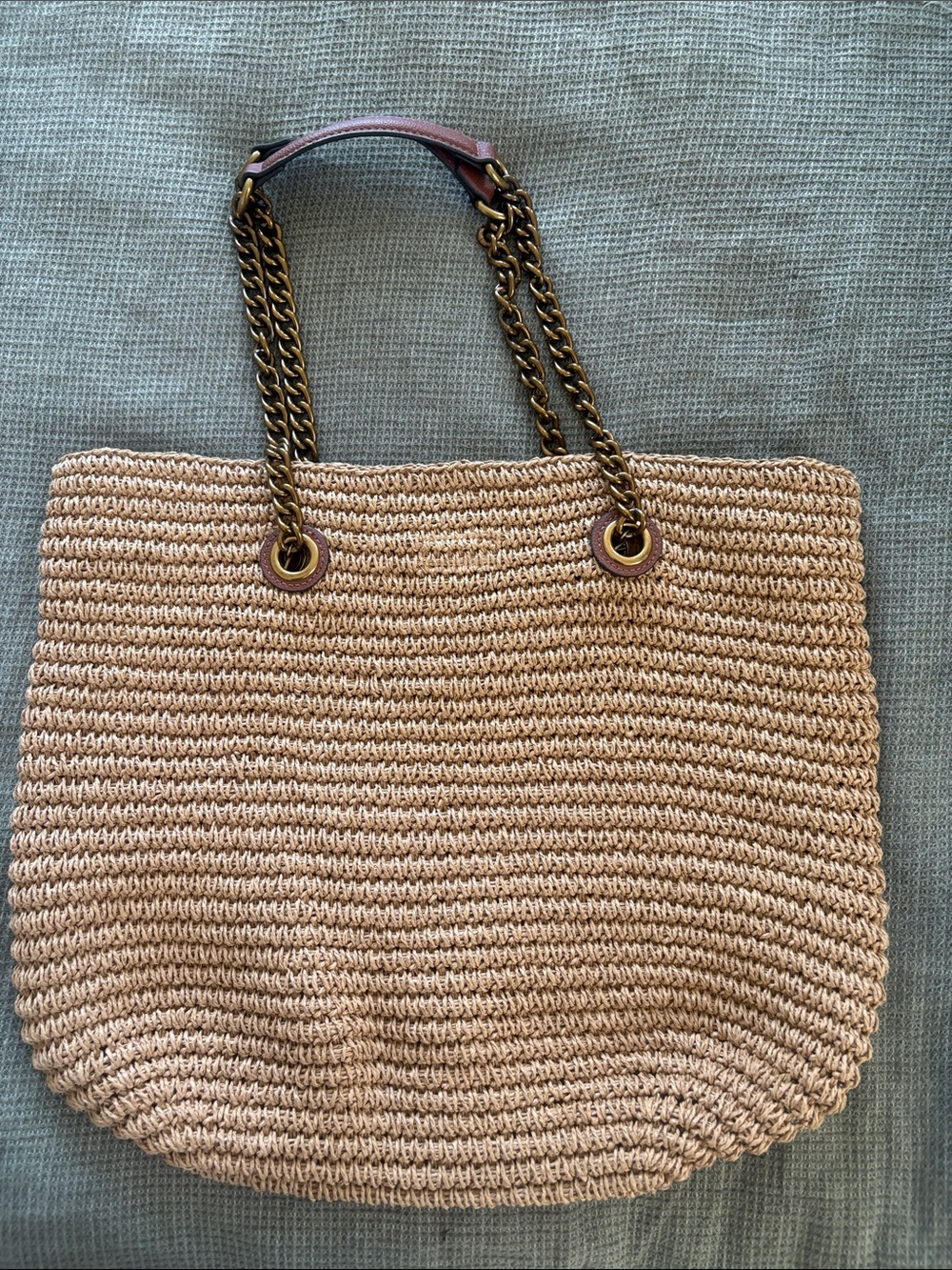 Kurt Geiger Beige Straw Tote with Brown Leather & Gold Chain Handles - Picture 5 of 10